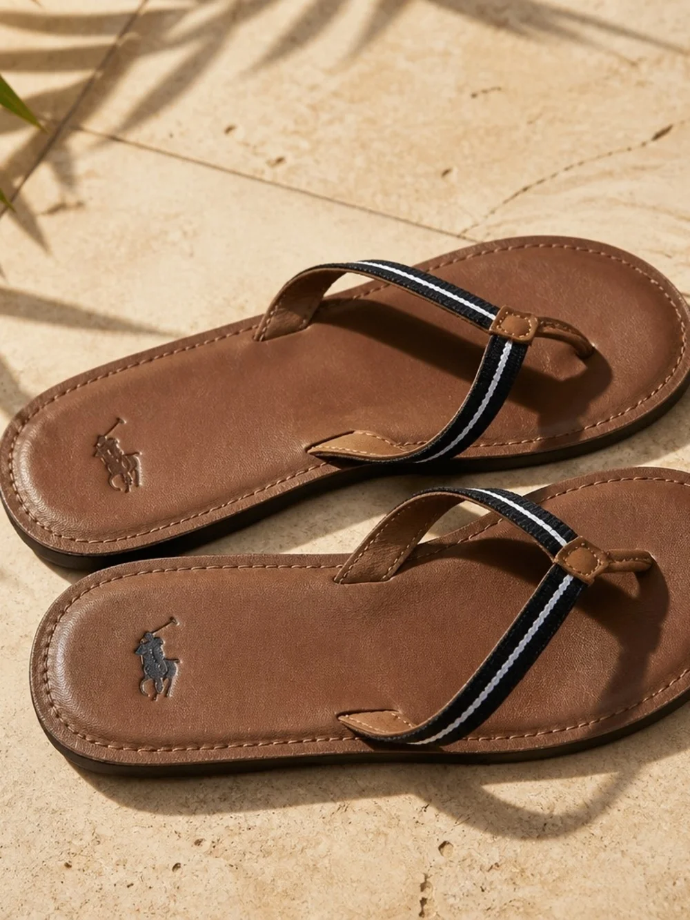 Polo by Ralph Lauren Brown Leather Flip-Flops with Navy and White Striped Straps